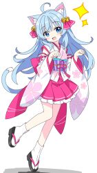  1girl :d ahoge animal_ear_fluff animal_ears bare_shoulders bell black_sandals blue_eyes blue_hair blush cat_ears cat_girl cat_tail commentary_request detached_sleeves dot_nose floral_print floral_print_kimono frilled_skirt frills full_body hair_bell hair_ornament hands_up highres japanese_clothes jingle_bell kimono kimono_cat_girl_(kotatsu-mazoku) kotatsu-mazoku long_hair long_sleeves looking_at_viewer obi okobo open_mouth original paw_pose pink_skirt platform_sandals pleated_skirt print_kimono purple_sash sandals sash simple_background skirt sleeveless sleeveless_kimono smile socks solo sparkle standing standing_on_one_leg tabi tail vertical-striped_sash white_background white_kimono white_sleeves white_socks wide_sleeves 