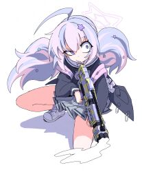  1girl ahoge blue_archive blue_hair commentary_request dr_yamero grey_serafuku gun hair_ornament halo highres long_hair multicolored_hair open_mouth pink_hair reisa_(blue_archive) school_uniform serafuku shotgun socks standard_manufacturing_dp-12 star_(symbol) star_hair_ornament star_halo striped_clothes striped_socks twintails two-tone_hair violet_eyes weapon 