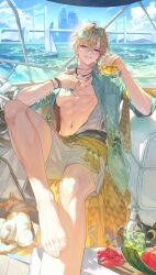  1boy abs absurdres aqua-tinted_eyewear aqua_shirt aqua_streaks aventurine_(honkai:_star_rail) aventurine_(waveflair)_(honkai:_star_rail) barefoot blonde_hair blue_hawaii bracelet braid bridge cat covered_navel day eyewear_on_head flower food fruit goggles goggles_on_head gold_necklace hair_between_eyes hawaiian_shirt hibiscus highres honkai:_star_rail honkai_(series) jewelry linea_alba looking_at_viewer male_focus male_swimwear multicolored_hair neck_tattoo necklace ocean official_alternate_costume open_clothes open_shirt ring rochan00 shirt smile solo streaked_hair tattoo tinted_eyewear watermelon watermelon_slice white_male_swimwear yacht yellow-framed_eyewear 
