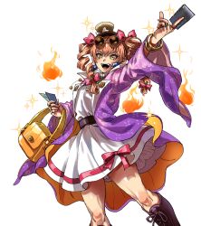  1girl absurdres bag bangle boots bow bracelet brown_boots brown_hat coat commentary_request credit_card dress drill_hair earrings hat hat_bow highres holding holding_bag jewelry knee_boots kuya_(hey36253625) lace-up_boots long_sleeves looking_at_viewer multiple_rings open_clothes open_coat open_mouth orange_eyes orange_hair pendant purple_coat ring simple_background smile solo teeth top_hat touhou twin_drills upper_teeth_only white_background white_dress wide_sleeves yorigami_jo'on 