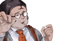  1boy backpack bag black-framed_eyewear black_hair buckle collared_shirt danganronpa:_trigger_happy_havoc danganronpa_(series) fat fingernails glasses grey_jacket hands_up happy highres jacket layered_sleeves long_sleeves looking_ahead male_focus necktie opaque_glasses open_clothes open_jacket orange_bag orange_necktie partially_opaque_glasses round_eyewear saman_zero7 shirt short_hair simple_background solo upper_body white_background white_shirt yamada_hifumi 