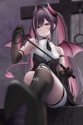  1girl absurdres azki_(hololive) azki_(little_devil)_(hololive) black_boots black_gloves black_hair black_necktie black_skirt black_socks black_tail black_tiara boots breasts colored_inner_hair commentary_request cross cuffs demon_girl demon_horns demon_tail demon_wings elbow_gloves fishnet_kneehighs gloves heterochromia highres holding holding_whip hololive horns indoors kneehighs long_hair mole mole_under_eye multicolored_hair multicolored_tail necktie official_alternate_costume official_alternate_hairstyle pink_eyes pink_hair pink_horns pink_tail pink_wings seriponpoyon shackles shirt shorts sidelocks single_kneehigh single_sock sitting skirt sleeveless sleeveless_shirt socks solo stone_wall streaked_hair tail tiara tongue tongue_out twintails very_long_hair violet_eyes virtual_youtuber whip white_hair white_shirt white_shorts wings 