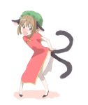  blush brown_eyes brown_hair cat_ears cat_tail chen china_dress chinadress chinese_clothes earrings embarrassed fang hair_bun hat jewelry mokeo multiple_tails short_hair side_slit tail touhou 