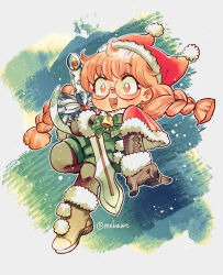  1girl bell black_gloves black_pantyhose boots bow bowtie bracelet braid brown_boots brown_eyes brown_hair cafe_artful capelet chaos_(rance) christmas commentary deformed elbow_gloves freckles full_body fur-trimmed_boots fur-trimmed_capelet fur-trimmed_headwear fur_bracelet fur_trim glasses gloves green_bow green_bowtie green_romper hat hayasaka_mebawe highres holding holding_sword holding_weapon jester_cap jewelry long_hair neck_bell open_mouth pantyhose plaid_bow plaid_bowtie plaid_clothes rance_(series) red_capelet red_hat romper round_eyewear santa_hat smile solo star_(sky) sword teeth twin_braids upper_teeth_only weapon wide-eyed 
