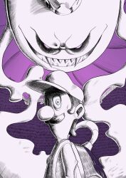  1boy blue_eyes commentary crown english_commentary facial_hair fangs greyscale_with_colored_background hat highres king_boo long_arms looking_at_viewer luigi luigi's_mansion male_focus mustache overalls partially_colored poltergust_3000 purple_background shaded_face sharp_teeth short_hair super_mario_bros. teeth upper_body vacuum_cleaner vestechio violet_eyes 