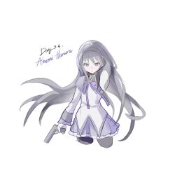 1girl absurdres airheadmei akemi_homura akemi_homura_(magical_girl) arm_up bow closed_mouth english_text gun hairband highres holding holding_gun holding_weapon long_hair long_sleeves magical_girl mahou_shoujo_madoka_magica mahou_shoujo_madoka_magica_(anime) pale_skin purple_eyes purple_hair simple_background sketch skirt weapon white_background