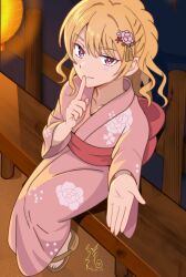  1girl absurdres blonde_hair commentary_request finger_to_mouth floral_print floral_print_kimono from_above gokusai_kaibi hair_ornament highres index_finger_raised japanese_clothes kimono long_hair looking_at_viewer obi parted_lips pink_kimono print_kimono red_eyes sash shushing signature sitting smile solo takuya51 toaru_kagaku_no_dark_matter toaru_majutsu_no_index twitter_username yukata 