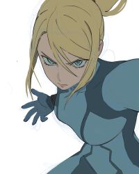  1girl absurdres blonde_hair blue_bodysuit blue_eyes bodysuit hand_up highres impossible_bodysuit impossible_clothes metroid metroid_ravenous multicolored_eyes pink_eyes ponytail samus_aran simple_background sin_salt skin_tight solo white_background zero_suit 