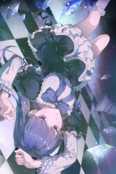  1girl black_dress blue_bow blunt_bangs bow cat_tail checkered_floor chess_piece cleavage_cutout clothing_cutout collared_dress commentary_request dress dress_bow expressionless floating floating_object frederica_bernkastel frilled_dress frilled_sleeves frills from_above gothic_lolita hand_up highres kakera korean_commentary layered_dress legs_up lolita_fashion long_hair long_sleeves looking_to_the_side lying on_back puffy_sleeves purple_hair shards solo tail tail_bow tail_ornament umineko_no_naku_koro_ni upside-down violet_eyes 