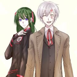  1boy 1girl allen_walker badge belt black_belt black_jacket black_order_uniform black_vest brown_coat brown_gloves buttons closed_eyes coat collared_coat collared_jacket collared_shirt collared_vest commentary_request d.gray-man facial_mark facing_viewer fingerless_gloves forehead_mark gloves green_hair hair_between_eyes hair_ribbon hand_on_own_neck high_collar horizontal-striped_belt jacket lenalee_lee long_sleeves looking_at_viewer medium_hair military military_uniform nadosachi neckerchief open_clothes open_coat parted_bangs parted_lips red_neckerchief red_ribbon ribbon scar scar_across_eye scar_on_face shirt short_hair sidelocks single_glove smile star_(symbol) star_facial_mark striped_belt striped_clothes striped_jacket two_side_up upper_body vest violet_eyes white_hair white_shirt yellow_background 