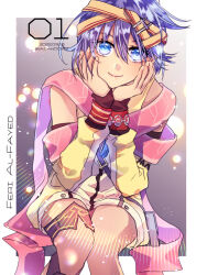  1girl artist_name belt_pouch blue_eyes border character_name closed_mouth commentary_request countdown dated detached_sleeves double-parted_bangs eiyuu_densetsu feri_al-fayed gradient_background grey_background hair_between_eyes hairband hands_on_own_cheeks hands_on_own_chin hands_on_own_face head_rest heavy_lens_flare jacket kuro_no_kiseki_(series) kuro_no_kiseki_ii lens_flare looking_at_viewer morning-peace outside_border pink_scarf pouch purple_hair scarf short_hair sidelighting simple_background sitting smile solo twitter_username upper_body watermark white_border yellow_hairband 