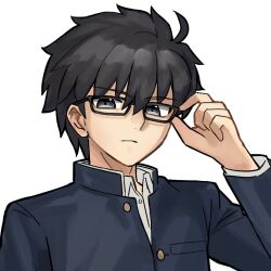  1boy adjusting_clothes ahoge black_eyes black_hair blue_jacket breast_pocket buttons carrotyeh commentary gakuran glasses hair_between_eyes jacket light_smile looking_at_viewer male_focus pocket school_uniform shirt simple_background souya_high_school_uniform tohno_shiki tsukihime tsukihime_(remake) upper_body white_background white_shirt wing_collar 