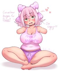  affectionate amputee armless_amputee bow clothes_writing crossed_legs double_amputee green_eyes hair_bow hungry marmole_(yolkonbread) no_panties on_ground original pink_hair plump short_shorts shorts sitting tank_top yolkonbread 