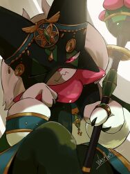  applecandy_prpr clothed_pokemon commentary_request green_fur highres holding holding_scepter jewelry looking_at_viewer meowscarada one_eye_closed pink_eyes pokemon pokemon_(creature) ring scepter signature solo upper_body 