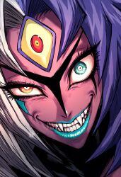  1other aqua_lips evil_grin evil_smile fangs green_eyes grey_hair grin hair_intakes heterochromia highres mistress_noodle pink_skirt portrait purple_hair skirt smile teeth third_eye yellow_eyes yu-gi-oh! yu-gi-oh!_gx yubel 