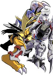  absurdres claw_(weapon) digimon digimon_(creature) digimon_adventure dragon eikenkobayashi highres mugendramon non-humanoid_robot reflection robot robot_dragon shoulder_cannon simple_background standing wargreymon weapon white_background yagami_hikari yagami_taichi 