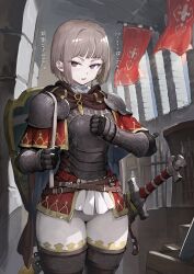  1girl armor banner belt belt_buckle bird blue_sky blunt_bangs blunt_ends blush bob_cut braid breastplate brooch brown_belt brown_cape buckle cape clenched_hand commentary_request cowboy_shot cuisses eyelashes fantasy flag frilled_shirt frills gauntlets grey_hair hair_tie hand_up highres holding_strap indoors jewelry jun_(navigavi) knight_(navigavi) looking_at_viewer multiple_belts nose open_mouth original pants pauldrons polearm red_vest revision scabbard sheath sheathed shield shield_on_back shirt short_hair shoulder_armor sky solo spear sword teeth translated twin_braids upper_teeth_only vest violet_eyes weapon white_pants white_shirt 
