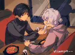  1boy 1girl alternate_costume black_hair black_sleeves black_sweater blunt_ends bright_pupils character_request contemporary couple cup dating double_bun eyelashes formal_clothes genshin_impact glass grey_eyes grey_hood grey_hoodie hair_bun hair_ornament hairclip hetero highres holding holding_spoon hood hood_down hoodie indoors light_blush long_sleeves looking_at_another oc_x_canon original parted_lips scaramouche_(genshin_impact) short_hair sitting sizzler_plate sketch spoon sweater tareme tsurime turtleneck turtleneck_sweater twitter_username white_hair white_mouth white_pupils wiping_another's_face yunhhj 