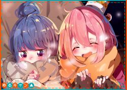  2girls aloe_(kenkou3733) black_gloves black_pantyhose blue_hair blush book camping_chair chair closed_eyes commentary_request copyright_name cup_on_head double-parted_bangs enpera fingerless_gloves folding_chair gloves hair_between_eyes hair_bun hands_on_own_knees jacket kagamihara_nadeshiko knees_up long_sleeves multiple_girls night open_book open_mouth orange_scarf outdoors pantyhose pink_hair pink_jacket reading scarf shima_rin single_hair_bun sitting smile teeth upper_body upper_teeth_only violet_eyes watermark yurucamp 