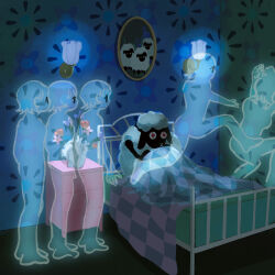  bed bed_sheet bedroom congming33 counting_sheep family_portrait ghost highres insomnia jumping nightstand original photo_(object) picture_frame plant portrait_(object) potted_plant red_eyes sheep under_covers wallpaper_(object) 