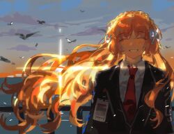  1girl ^_^ backlighting bird black_jacket black_vest bow brown_hairband chinese_commentary closed_eyes collared_shirt commentary_request facing_viewer freckles grin hair_bow hairband highres hzcppks id_card ishmael_(project_moon) jacket limbus_company long_hair long_sleeves necktie ocean orange_hair outdoors project_moon railing red_necktie seagull shirt simple_bird sky smile solo sun sunset upper_body very_long_hair vest white_bow white_shirt wing_collar 