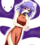  blue_hair blush bococho bun_cover china_dress chinadress chinese_clothes covering_mouth crossed_arms double_bun embarrassed erect_nipples fan feather_fan folding_fan side_slit snake touhou yasaka_kanako 