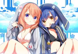  2girls alternate_costume animal_hood anko_(gochiusa) bikini black_bikini black_jacket blue_flower blue_hair blush breasts choker clouds cloudy_sky commentary_request flower gochuumon_wa_usagi_desu_ka? grey_jacket hand_up highres hood hood_up imouto_day jacket knees knees_up looking_at_viewer medium_hair midriff multiple_girls ocean official_art orange_hair parted_lips purple_hair rabbit_hood short_hair sky small_breasts sparkle stomach swimsuit tippy_(gochiusa) track_jacket white_bikini yellow_eyes 