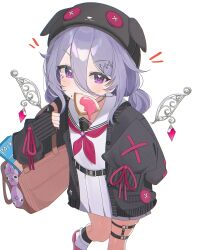  1girl absurdres bag belt black_belt black_cardigan black_hat bread bread_slice cardigan commentary double_bun english_commentary food food_in_mouth hair_between_eyes hair_bun hair_flaps hair_ornament hairclip hat highres hololive hololive_english jewel_under_eye koseki_bijou koseki_bijou_(serafuku) leg_warmers long_hair_between_eyes looking_at_viewer medium_hair metal_wings neckerchief o-ring o-ring_thigh_strap official_alternate_costume official_alternate_hairstyle pleated_skirt purple_hair purple_neckerchief sailor_collar school_bag school_uniform serafuku shirt shusuchii skirt sleeves_past_fingers sleeves_past_wrists solo thigh_strap violet_eyes virtual_youtuber white_leg_warmers white_sailor_collar white_serafuku white_shirt white_skirt 