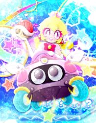  1girl biddybuggy bow bowtie braid bright_pupils brooch commentary crown dress driving earrings elbow_gloves english_commentary eyelashes gloves heart holding jellymailsnail jewelry looking_at_viewer mario_kart mario_kart_8 open_mouth peachette pink_dress pink_lips puffy_short_sleeves puffy_sleeves red_bow red_bowtie red_shell_(mario) short_sleeves smile solo sphere_earrings star_(symbol) super_mario_bros. twin_braids white_gloves white_pupils 