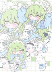  1girl :o absurdres ahoge alternate_costume apron arms_up bandaid bandaid_on_leg belt black_tail blue_archive blue_bow blue_jacket blue_skirt blush bow chibi commentary demon_tail double_v enmaided frilled_apron frills full_body gloves green_hair green_halo grid_background hair_between_eyes hair_ornament hairclip halo hands_on_own_face hands_up heart highres hikari_(blue_archive) izumi_(yura_izumi) jacket jersey_maid leg_warmers long_hair long_sleeves looking_at_viewer maid maid_apron maid_headdress multiple_views open_clothes open_jacket open_mouth pointy_ears shoes sidelocks skirt sleeves_past_wrists solo standing standing_on_one_leg star_(symbol) tail thigh_belt thigh_strap track_jacket unconventional_maid untranslatable_commentary v white_apron white_gloves white_leg_warmers x_hair_ornament yellow_eyes zipper zipper_pull_tab 
