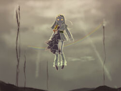  1girl asymmetrical_clothes backlighting circlet commentary_request death_stranding dress expressionless floating floating_hair gakuen_idolmaster glowing glowing_eyes highres idolmaster leg_warmers light_rays long_hair looking_at_viewer no_mouth orange_eyes outdoors overcast parody rainbow shinosawa_hiro shoes short_dress single_sleeve sky solo sunbeam sunlight syamaru upside-down_rainbow wide_shot 
