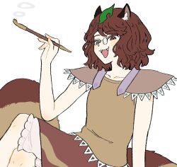  1girl animal_ears brown_eyes brown_hair brown_shirt brown_skirt commentary_request crossed_legs futatsuiwa_mamizou glasses highres holding holding_smoking_pipe kiseru leaf leaf_on_head looking_at_viewer open_mouth pince-nez raccoon_ears raccoon_girl raccoon_tail shirt skirt smile smoke_ring smoking_pipe solo tail tktkhappymchyru touhou 