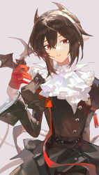  1girl absurdres animal_on_hand arknights ascot bat_(animal) black_dress black_hair commentary_request cross_in_eye dress entelechia_(arknights) gloves grey_background hair_between_eyes hair_horns highres long_sleeves looking_at_viewer medium_hair mole mole_under_eye parted_lips pointy_ears puffy_sleeves red_eyes red_gloves shin_oooooo simple_background solo star-shaped_pupils star_(symbol) symbol-shaped_pupils upper_body white_ascot 