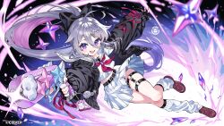  1girl :d absurdres ahoge aiming atomicmrshmallw belt black_belt black_bow black_cardigan black_gloves black_socks bow cardigan colored_inner_hair commentary cross-laced_clothes cross-laced_sleeves english_commentary fingerless_gloves floating full_body geow_(koseki_bijou) gloves grey_hair gun hair_between_eyes hair_bow hair_flaps highres holding holding_gun holding_weapon hololive hololive_english kneehighs koseki_bijou koseki_bijou_(serafuku) leg_warmers loafers long_hair_between_eyes midriff miniskirt multicolored_hair neckerchief o-ring o-ring_thigh_strap open_cardigan open_clothes open_mouth pebble_(koseki_bijou) pink_hair pleated_skirt ponytail purple_hair red_neckerchief sailor_collar school_uniform serafuku shirt shoes skirt sleeves_past_wrists smile socks solo thigh_strap trigger_discipline upper_body violet_eyes virtual_youtuber weapon white_leg_warmers white_sailor_collar white_serafuku white_shirt white_skirt 