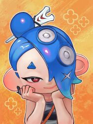  1girl black_sports_bra blue_hair blush close-up commentary earrings eyeliner hair_bun hair_ornament hair_over_one_eye hair_stick hands_on_own_cheeks hands_on_own_face head_tilt highres jewelry looking_at_viewer makeup medium_hair oekakirisuke orange_background pointy_ears red_eyes shiver_(splatoon) shiver_(splatoon_raiders) smile solo splatoon_(series) splatoon_raiders sports_bra suction_cups tentacle_hair thick_eyebrows 