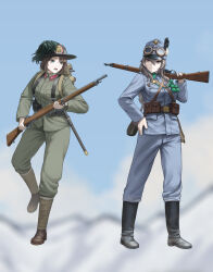  2girls absurdres belt black_boots blue_background blue_eyes blue_jacket blue_pants boots breasts brown_hair closed_mouth combat_helmet full_body goggles goggles_on_head green_jacket green_pants grey_hair gun hat helmet highres jacket klamol large_breasts long_hair looking_at_viewer military military_hat multiple_girls open_mouth original pants rifle short_hair simple_background standing weapon weapon_request world_war_i 