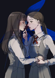  2girls blue_background brown_eyes brown_hair character_request closed_eyes commentary_request copyright_request dress frown grey_dress highres holding holding_another's_wrist holding_brush holding_makeup_brush korean_commentary let_ink long_hair makeup_brush mole mole_on_cheek multiple_girls pale_skin pink_lips ponytail 