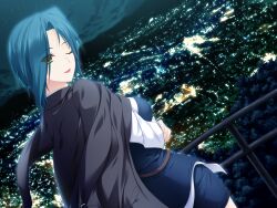  1girl black_jacket blue_hair breasts city_lights from_behind game_asset iizuki_tasuku jacket kurokawa_sera large_breasts looking_back lovely_x_cation night non-web_source one_eye_closed parted_lips short_hair skyline visual_novel_cg yellow_eyes 
