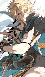  1boy aqua_coat armor artist_name black_coat black_gloves black_shirt blonde_hair blue_eyes closed_mouth coat dual_wielding energy fingerless_gloves frown fur-trimmed_coat fur_trim gauntlets genshin_impact gest_of_the_mighty_wolf_(genshin_impact) gloves greatsword hair_between_eyes highres holding holding_sword holding_weapon lapels male_focus open_clothes open_coat pants parted_bangs pauldrons scar scar_on_arm scar_on_cheek scar_on_face serious shirt short_hair short_sleeves shoulder_armor single_gauntlet single_pauldron solo standing sword thick_eyebrows twitter_username v-shaped_eyebrows varka_(genshin_impact) weapon white_background white_pants zarame_pfpf 