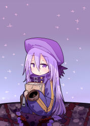  1girl ashi_karekusa bad_id bad_pixiv_id book closed_mouth coat gradient_background hair_between_eyes half-closed_eyes hands_up hat holding holding_book light_blush long_hair purple_coat purple_hair purple_hat sekaiju_no_meikyuu sekaiju_no_meikyuu_3 smile solo star_(symbol) upper_body violet_eyes zodiac_(sekaiju) zodiac_2_(sekaiju) 