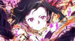  1girl akemi_homura akuma_homura black_feathers black_hair black_wings blurry closed_mouth commentary_request dark_orb_(madoka_magica) depth_of_field feathered_wings feathers fire gem glowing_gem hairband highres jewelry light_frown long_hair looking_at_viewer magical_girl mahou_shoujo_madoka_magica mahou_shoujo_madoka_magica:_walpurgis_no_kaiten necklace purple_fire reaching reaching_towards_viewer red_eyes red_hairband sengoku_chidori solo soul_gem_(madoka_magica) twitter_username upper_body v-shaped_eyebrows watermark wings 