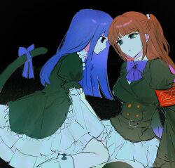  2girls absurdres armband belt black_belt black_dress black_jacket black_thighhighs blue_eyes blue_hair bow buttons cat_tail closed_mouth collared_dress dress frederica_bernkastel frilled_dress frilled_sleeves frills gothic_lolita highres hime_cut jacket layered_dress lolita_fashion long_hair long_sleeves looking_at_another multiple_girls mzzzzzang puffy_sleeves purple_bow red_armband red_hair shirt sitting skirt socks tail tail_bow tail_ornament thigh-highs umineko_no_naku_koro_ni ushiromiya_ange violet_eyes white_shirt white_skirt white_socks 