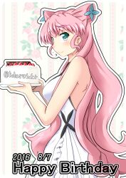  1girl armpit_crease artist_name bare_arms bare_shoulders birthday_cake border butterfly_hair_ornament cake closed_mouth commentary_request dated dress english_text floral_print food from_side fruit green_eyes hair_between_eyes hair_ears hair_ornament happy_birthday holding holding_plate koharu_sasara long_hair looking_at_viewer maria_cadenzavna_eve outline outside_border pink_hair plate senki_zesshou_symphogear sleeveless sleeveless_dress smile solo strawberry turning_head twitter_username upper_body very_long_hair wallpaper_(object) watermark wavy_sidelocks white_border white_dress white_outline wispy_bangs 