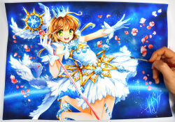  1girl brown_hair cardcaptor_sakura colored_pencil_(medium) crown dress falling_petals gloves green_eyes high_heels holding holding_wand kinomoto_sakura magical_girl nashi_juni painting_(medium) petals pink_petals traditional_media wand watercolor_(medium) white_dress white_gloves 