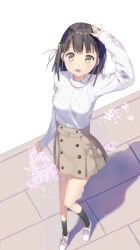  1girl black_hair black_socks brown_eyes brown_skirt casual cherry_blossoms commentary_request full_body hair_ornament hair_ribbon hanasaka_yui kneehighs latt long_sleeves medium_hair one_room open_mouth pink_shoes pleated_skirt ribbed_sweater ribbon shoes skirt smile sneakers socks solo sweater turtleneck turtleneck_sweater white_background white_sweater 