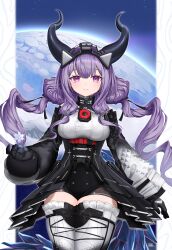  1girl absurdres arknights arknights:_endfield bare_shoulders black_bow black_gloves black_horns black_overskirt bow breasts closed_mouth commentary_request detached_sleeves framed_breasts gee_(geedav) gloves hair_bow hairband highres horns long_sleeves looking_at_viewer low_twintails overskirt pink_eyes purple_hair snowflakes solo standing tail thigh-highs thighs twintails typhoeus_(arknights) typhon_(arknights) 