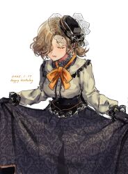  black_corset bowing breasts closed_eyes corset curtsey earrings fascinator hair_over_one_eye happy_birthday highres holding_own_skirt jewelry medium_breasts milgram official_alternate_costume pekeheihou shiina_mahiru_(milgram) short_hair 