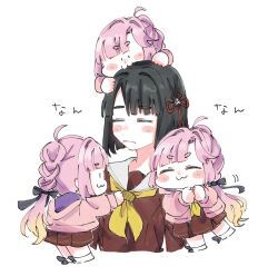  4girls :3 =_= ahoge anyoji_hime black_hair black_ribbon blunt_bangs blunt_ends blush_stickers bob_cut brown_dress clone closed_eyes commentary_request dress frown hair_intakes hair_ribbon hasu_no_sora_school_uniform highres hood hood_down hooded_jacket jacket long_sleeves love_live! love_live!_hasu_no_sora_jogakuin_school_idol_club momose_ginko moso_(expect66) multi-tied_hair multiple_girls neckerchief open_clothes open_jacket pink_hair pink_jacket ponytail ribbon sailor_collar sailor_dress school_uniform short_hair virtual_youtuber white_sailor_collar winter_uniform yellow_neckerchief 