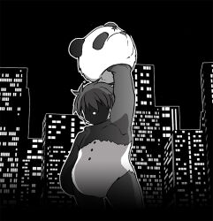  1boy animal_costume animal_ears arm_up black_hair building buttons city commentary_request face_in_shadow holding_mascot_head male_focus mascot_costume master_panda melty_blood messy_hair monochrome nanaya_shiki night official_alternate_costume panda panda_ears short_hair solo tententensan tsukihime 