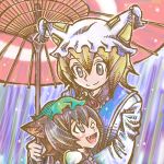  animal_ears blonde_hair blush brown_eyes brown_hair cat_ears chen fang hat lowres multiple_girls oriental_umbrella parasol rain short_hair touhou umbrella wink yakumo_ran 